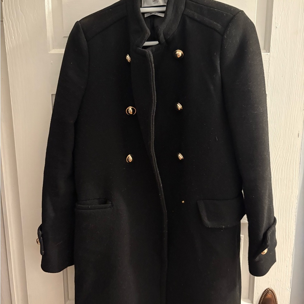 Mango Black Wool-blend Coat with Gold Buttons
